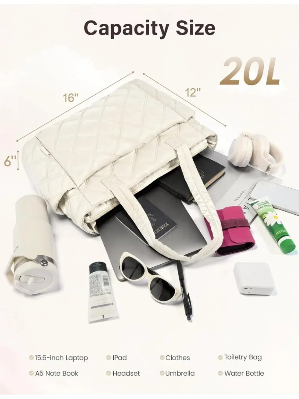 👜Women's Beige Puffer Tote Bags Lightweight Quilted Work For Travel